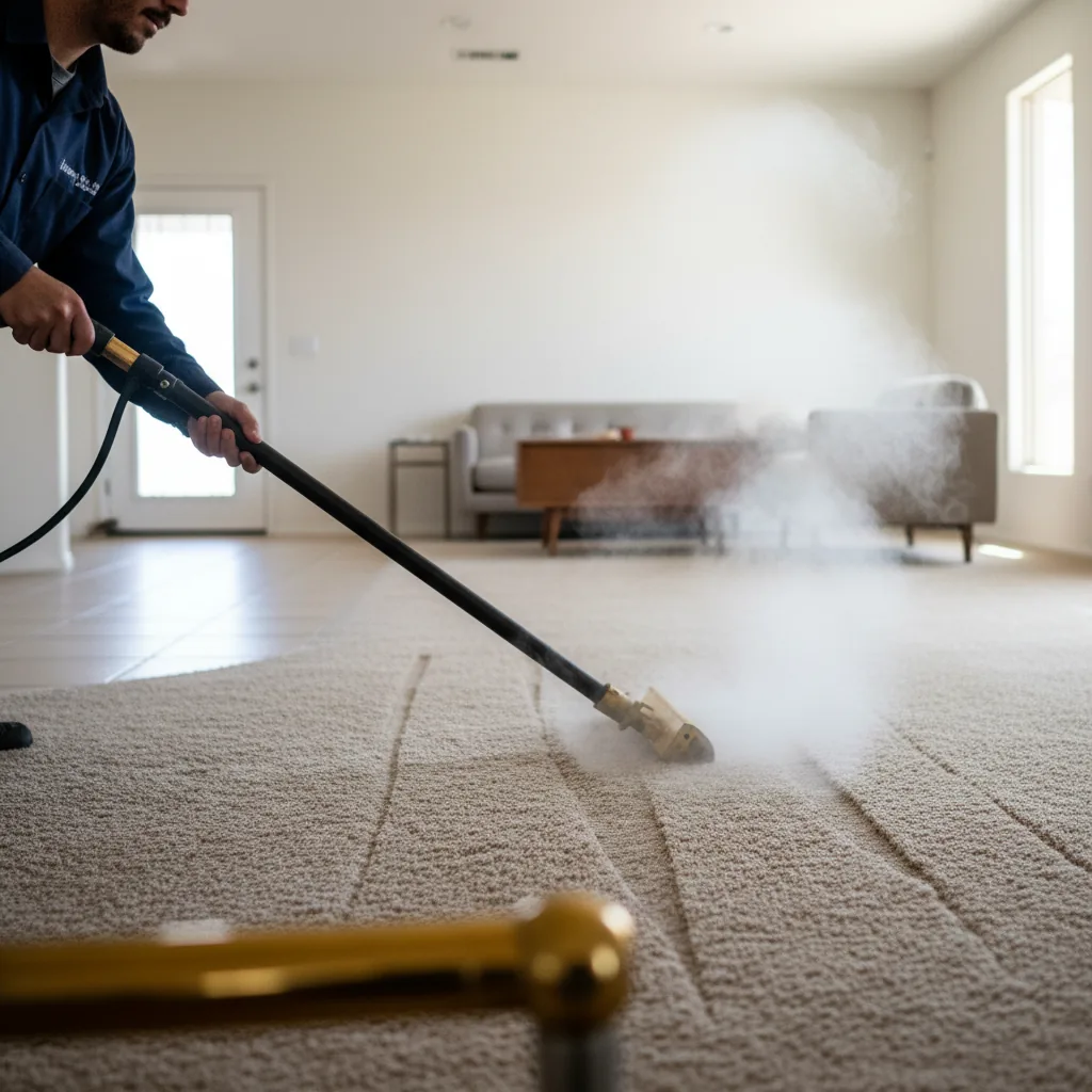 Las Vegas carpet cleaning technician with a truck-mount hot-water extraction wand on residential carpet